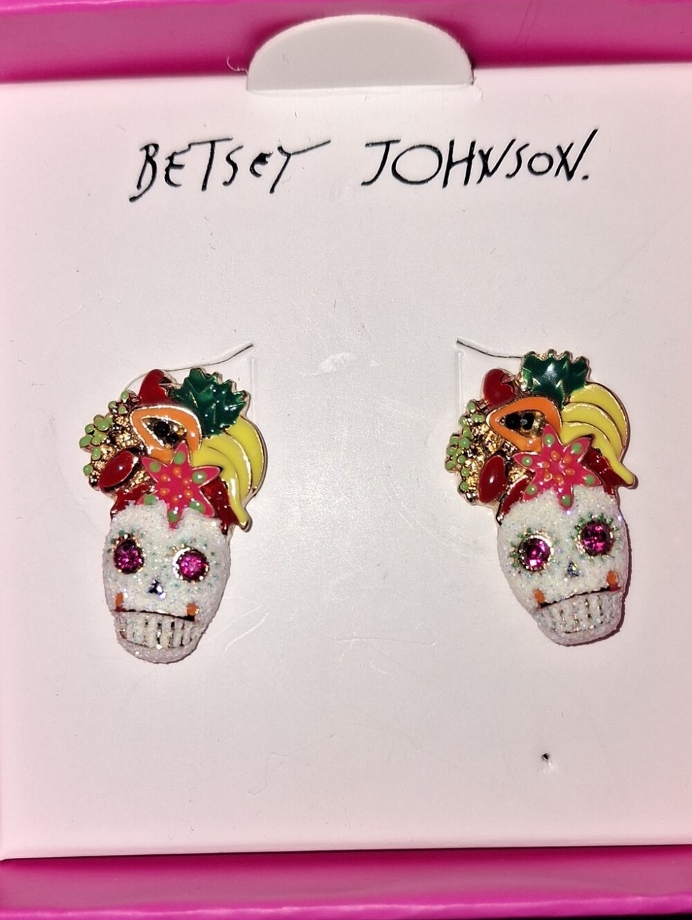 Betsey Johnson White Sugar Skull Fruit Cluster Stud Earrings